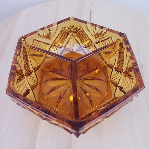 Vintage Amber Cut Glass Divided Dish Bow Candy Nuts Dining Decor - Picture 2 of 10